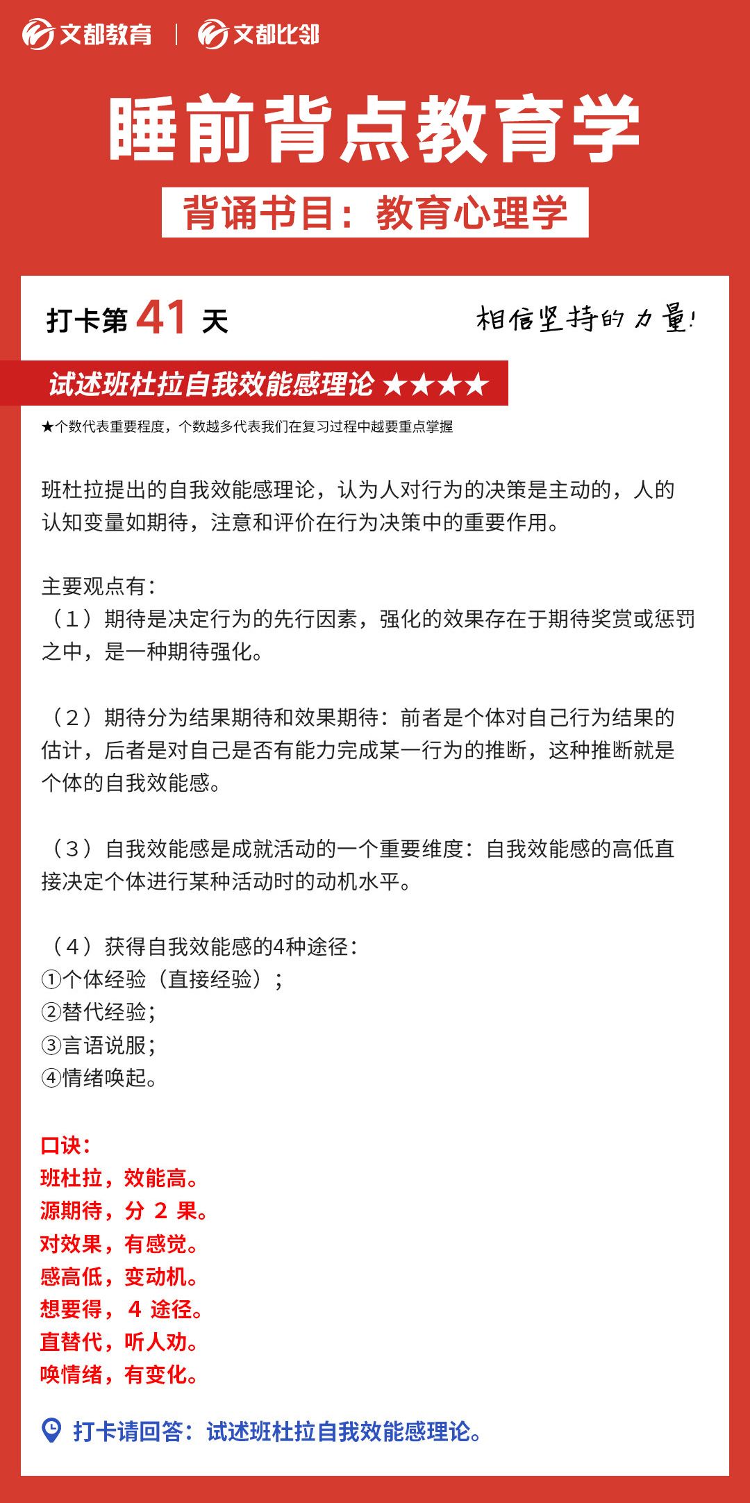 睡前背点教育学之文都考研：试述班杜拉自我效能感理论